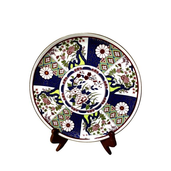 Imari Ware Plate Japan  Gorgeous Lime Green Navy Blue Deep Red Light Blue Gold - Picture 5 of 5